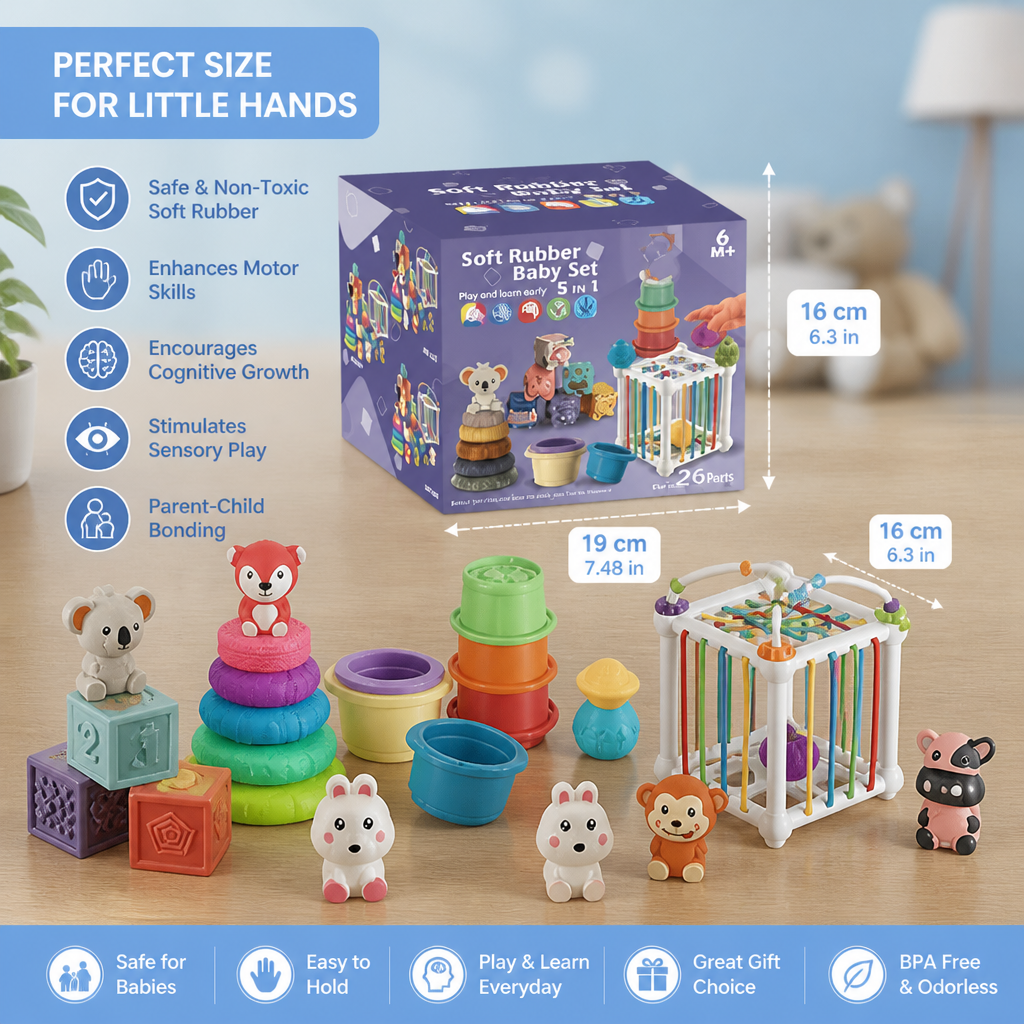 5-in-1 Montessori Soft Rubber Baby Sensory Play Set with Stacking & Sorting Toys – 26 Pieces