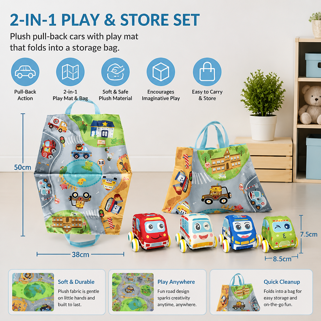 Soft Plush Pull-Back Car Set with 2-in-1 Play Mat & Storage Bag