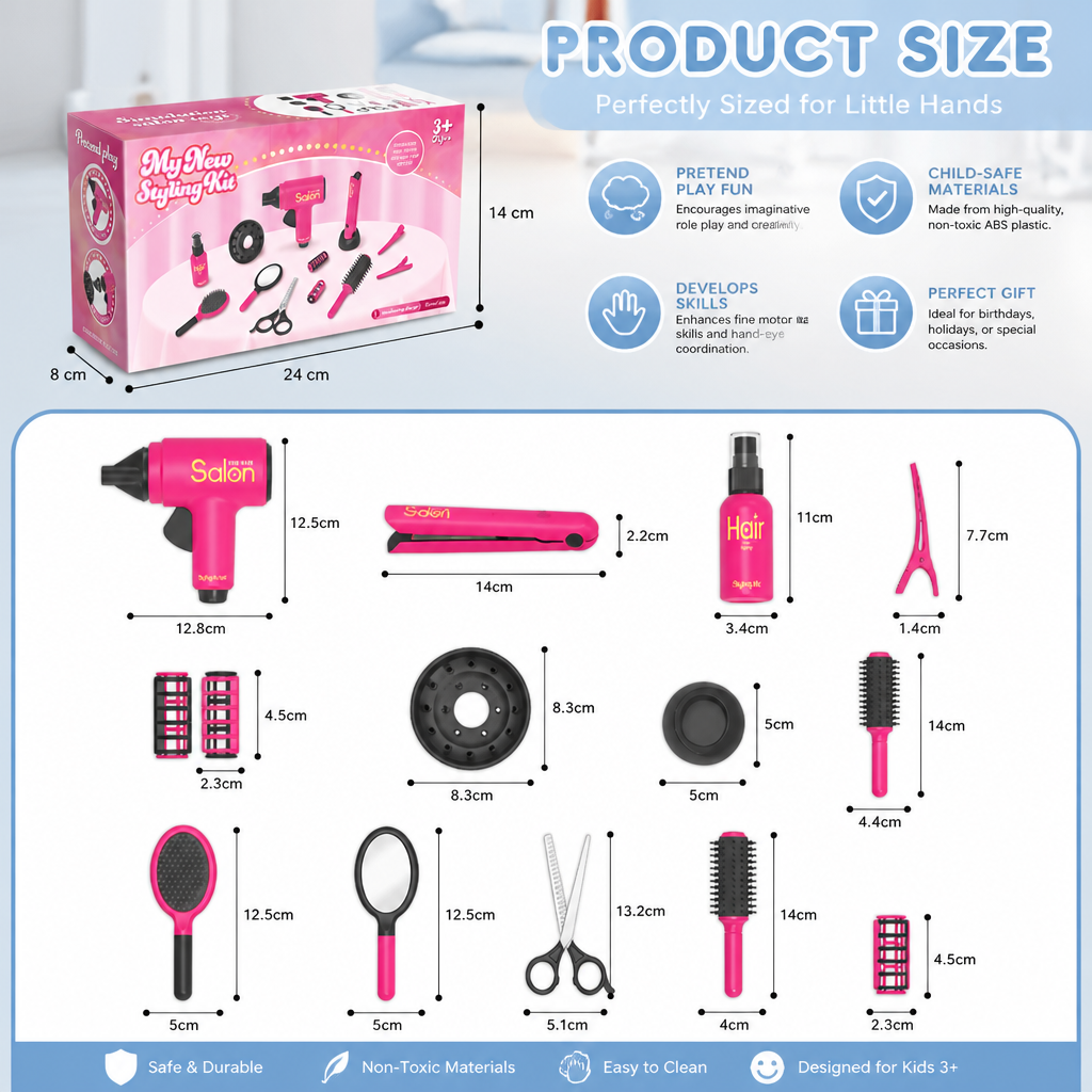 14-Piece Kids Hair Styling Salon Pretend Play Set