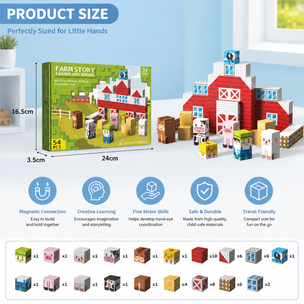 Farm Story Magnetic Building Blocks Travel Playset with Animals & Barn