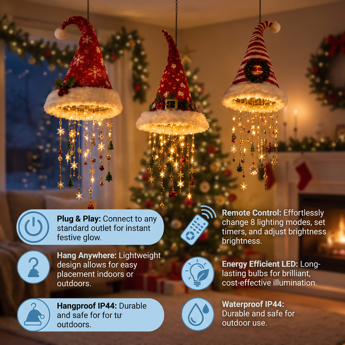 Christmas Santa Hat Lights with LED String Decorations