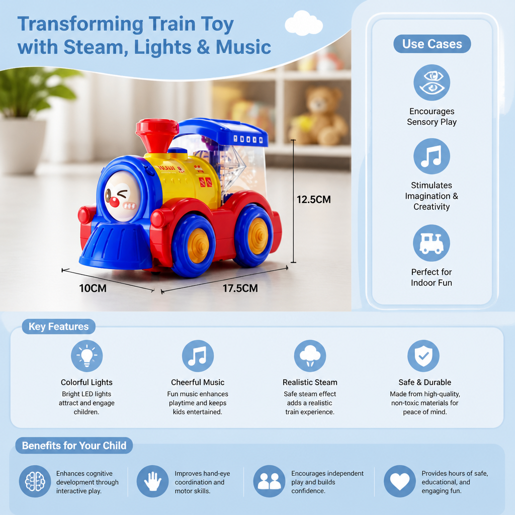 Transforming Train Toy with Steam, Lights & Music