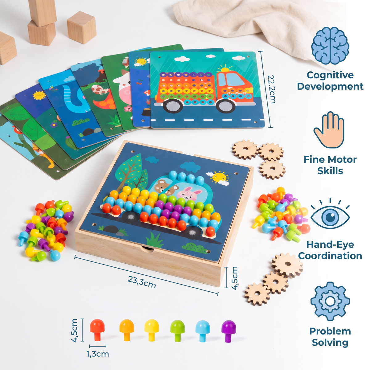4-in-1 Montessori Wooden Sensory Travel Board with Gears & Colorful Pegs