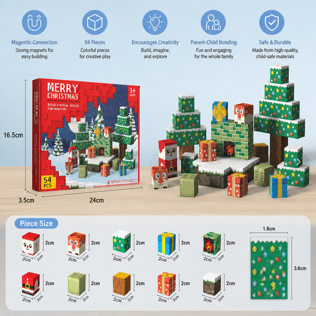 54-Piece Christmas Magnetic Building Blocks Set for Kids