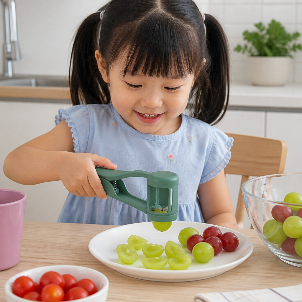 Stainless Steel Grape & Cherry Tomato Cutter – Safe One-Press Quarter Slicer for Toddlers & Kids