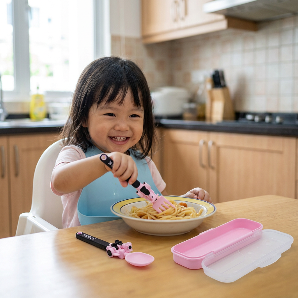3-Piece Construction Vehicle Kids’ Utensil Set with Spoon, Fork & Travel Case