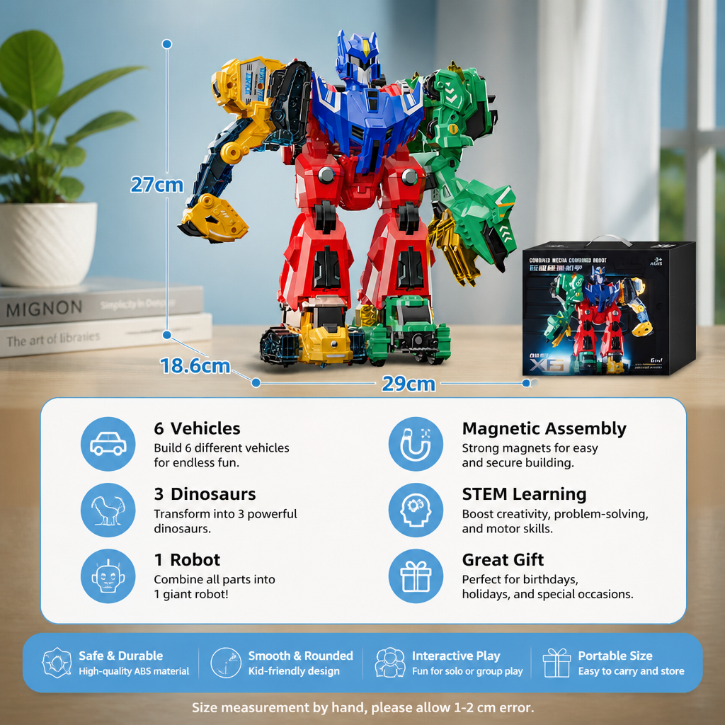 6-in-1 Magnetic Transforming Toy – Build 6 Vehicles, 3 Dinosaurs & 1 Robot