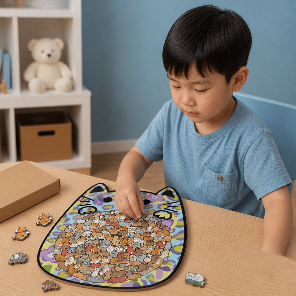 135-Piece Wooden Jigsaw Puzzle with Cat-Shaped Pieces