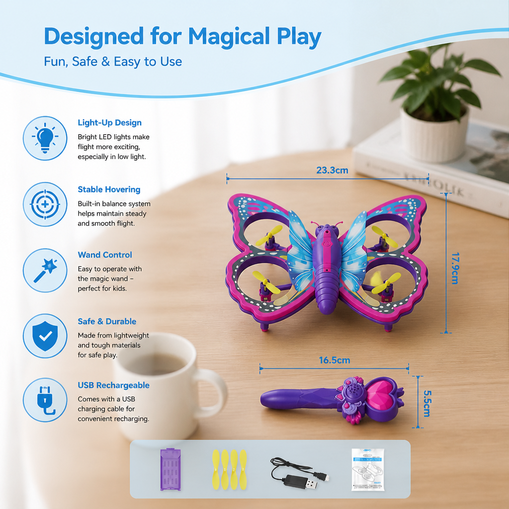 Magic Light-Up Butterfly Quadcopter Toy with Wand Control