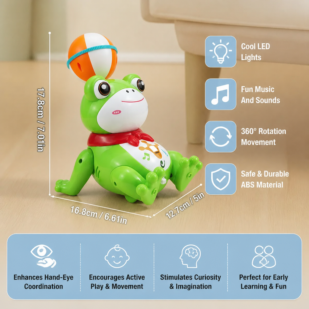 Interactive Ball-Balancing Frog Toy with Lights, Music & 360° Rotation