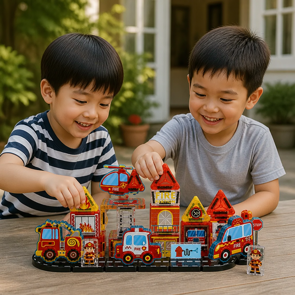 40-Piece Magnetic Travel Building Set with Construction, Fire Truck & Police Vehicles