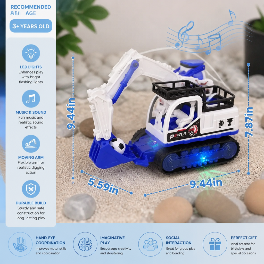 Musical Excavator Toy with Automatic Soccer Ball Scooping & LED Lights