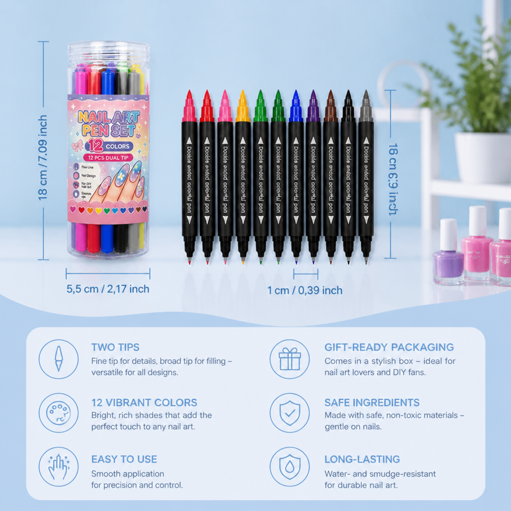 12-Color Dual-Tip Nail Art Pen Set – Fine Detail & Creative Designs
