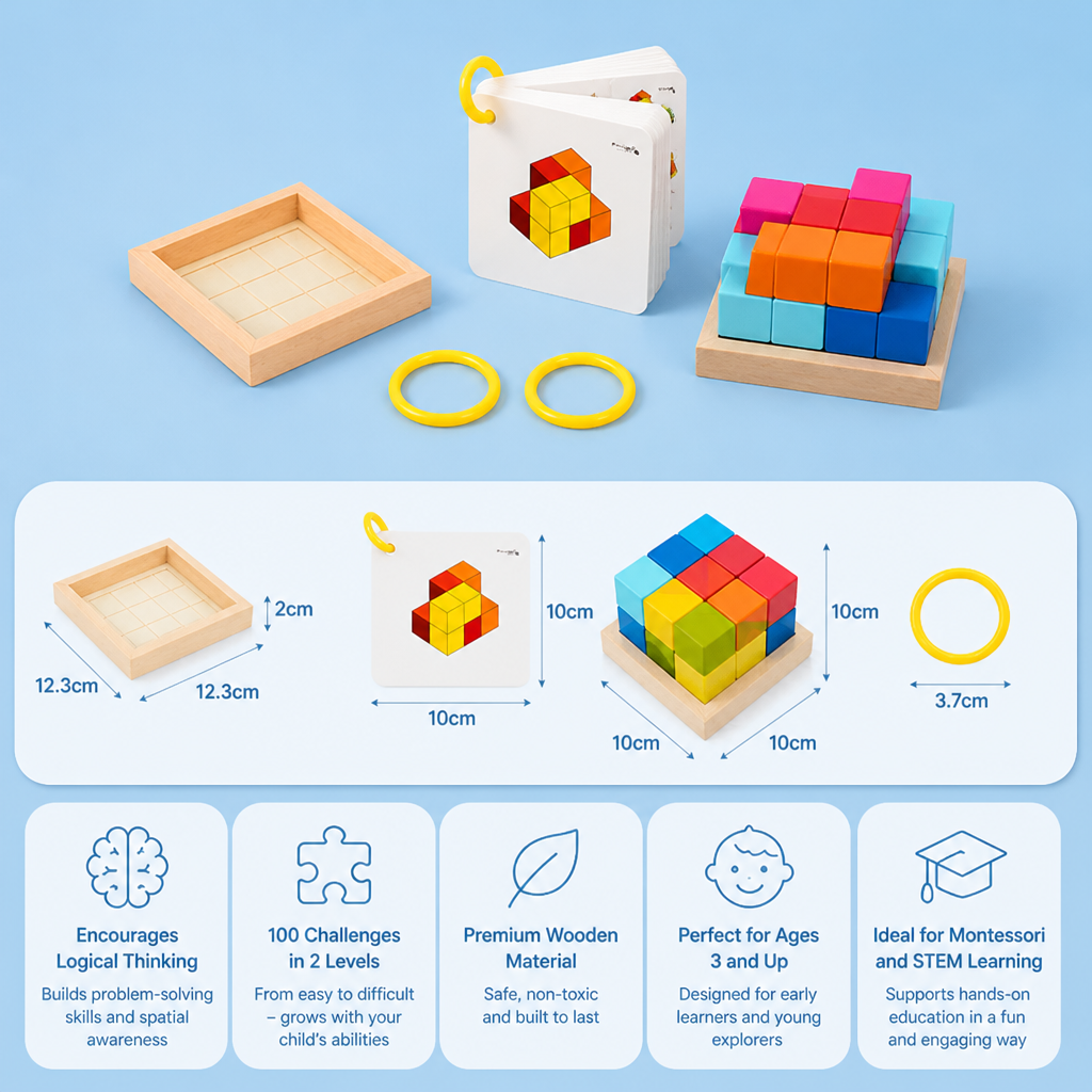 Montessori 3D Wooden Puzzle Blocks – Colorful Geometry & STEM Brain Training Game