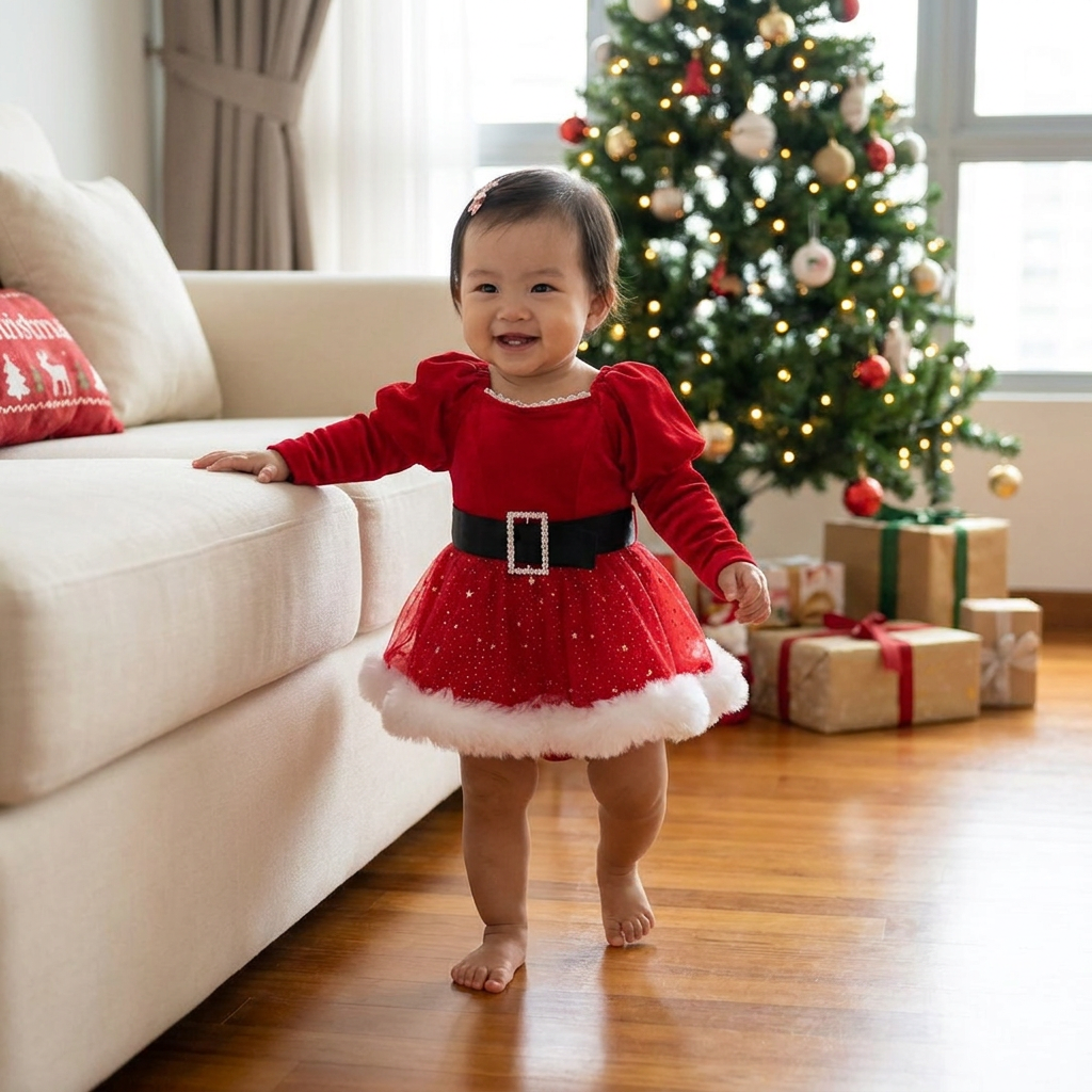 Baby Girl’s My First Christmas Long-Sleeve Romper Dress