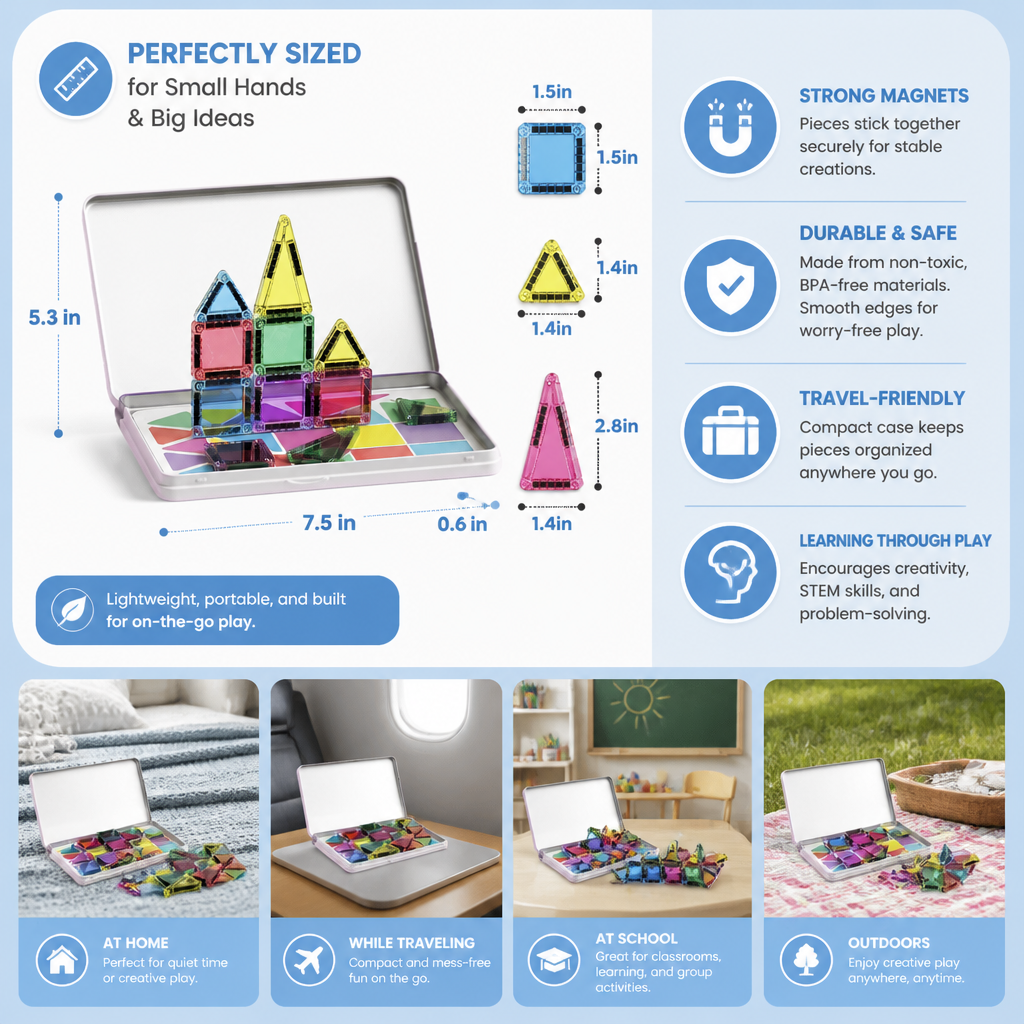 Compact Magnetic Tiles – 40-Piece Montessori Travel Set