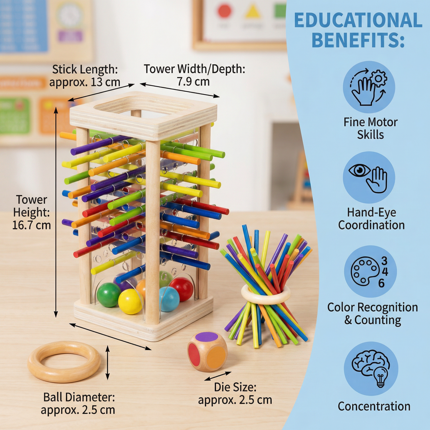 Educational 3-in-1 Wooden Ball and Stick Skill Game