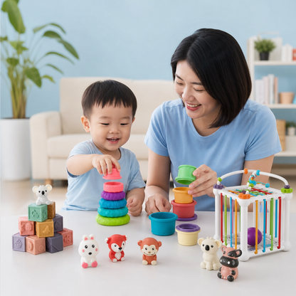 5-in-1 Montessori Soft Rubber Baby Sensory Play Set with Stacking & Sorting Toys – 26 Pieces