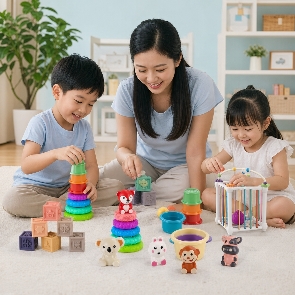 5-in-1 Montessori Soft Rubber Baby Sensory Play Set with Stacking & Sorting Toys – 26 Pieces