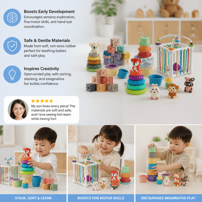 5-in-1 Montessori Soft Rubber Baby Sensory Play Set with Stacking & Sorting Toys – 26 Pieces