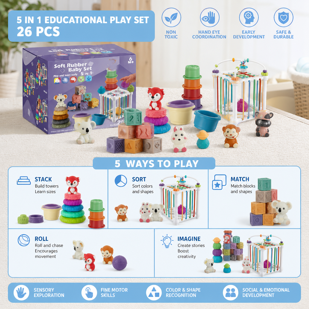 5-in-1 Montessori Soft Rubber Baby Sensory Play Set with Stacking & Sorting Toys – 26 Pieces