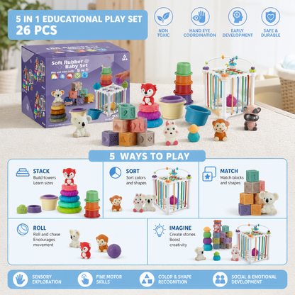 5-in-1 Montessori Soft Rubber Baby Sensory Play Set with Stacking & Sorting Toys – 26 Pieces
