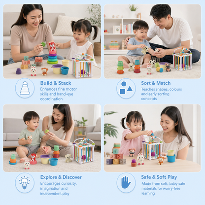 5-in-1 Montessori Soft Rubber Baby Sensory Play Set with Stacking & Sorting Toys – 26 Pieces