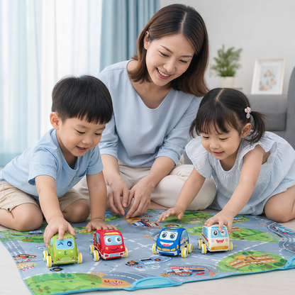 Soft Plush Pull-Back Car Set with 2-in-1 Play Mat & Storage Bag