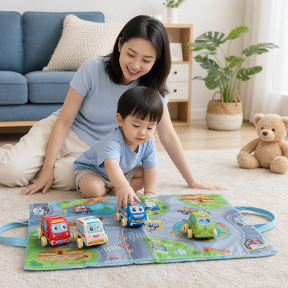 Soft Plush Pull-Back Car Set with 2-in-1 Play Mat & Storage Bag