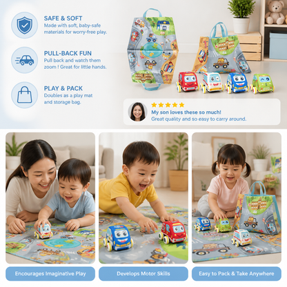 Soft Plush Pull-Back Car Set with 2-in-1 Play Mat & Storage Bag