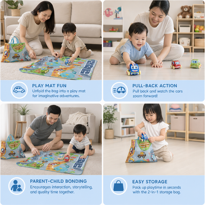 Soft Plush Pull-Back Car Set with 2-in-1 Play Mat & Storage Bag