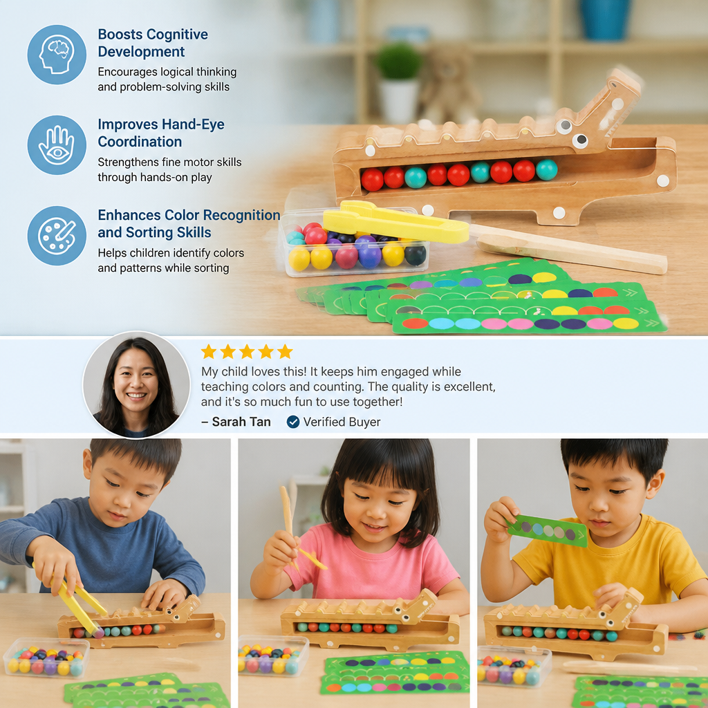 Crocodile Color Game – Educational Game with Sorting Cards and Wooden Toy