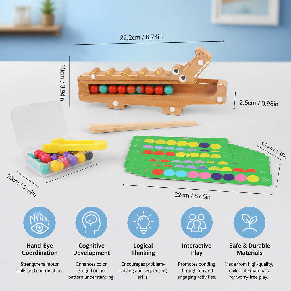 Crocodile Color Game – Educational Game with Sorting Cards and Wooden Toy
