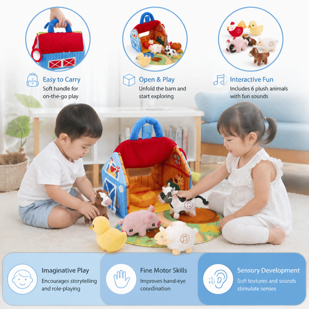 Farm Animal Plush Playset – Interactive Learning Toy with Portable Playhouse