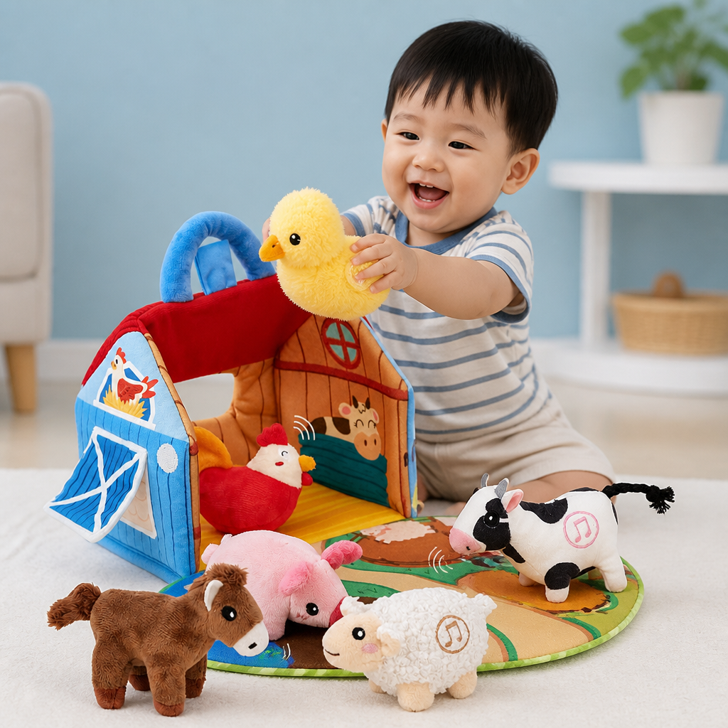 Farm Animal Plush Playset – Interactive Learning Toy with Portable Playhouse