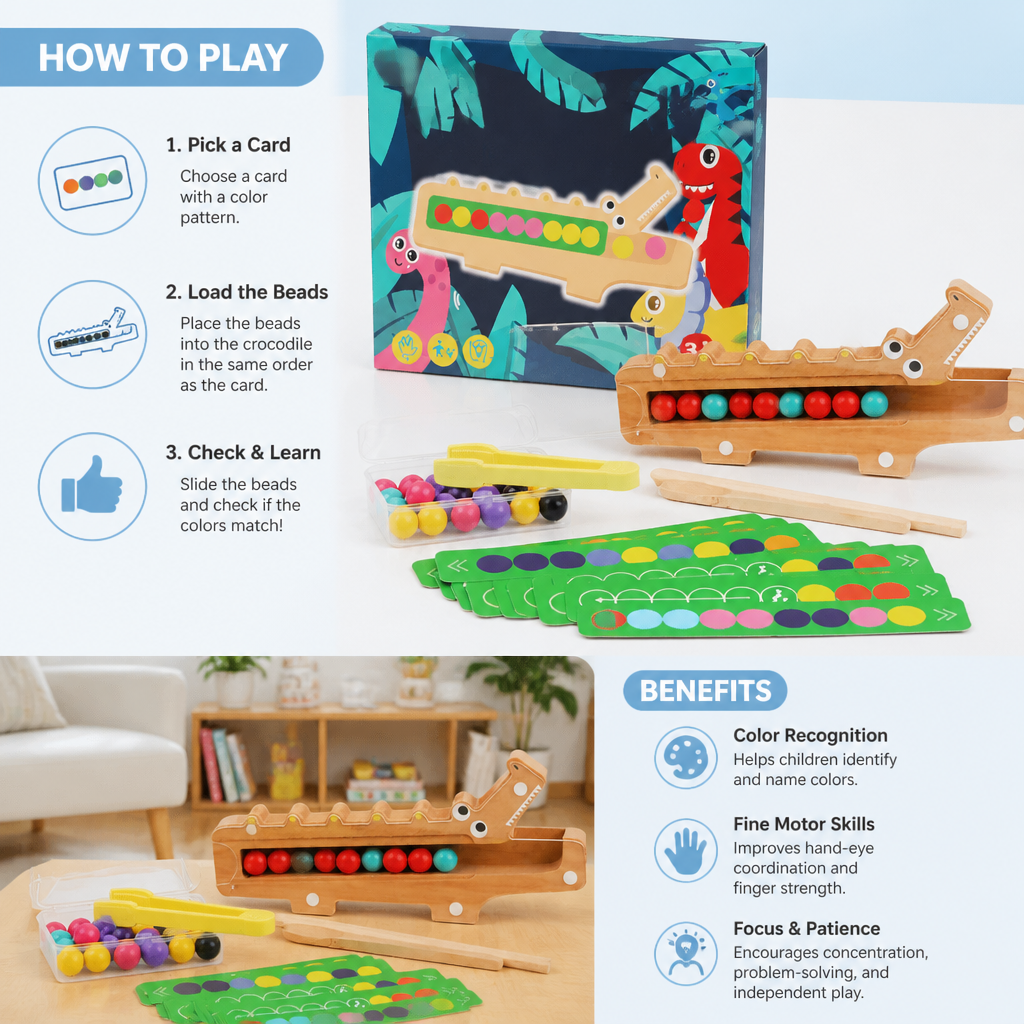 Crocodile Color Game – Educational Game with Sorting Cards and Wooden Toy