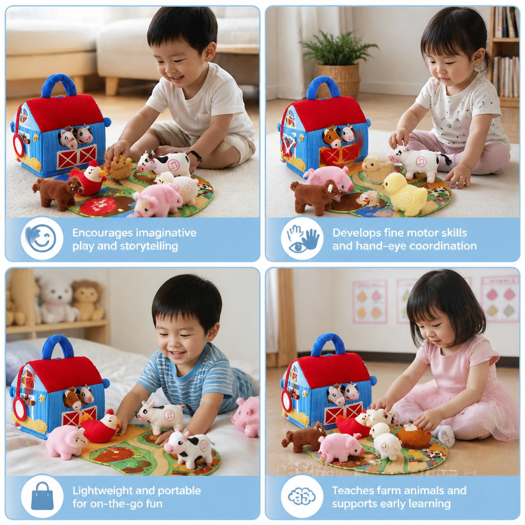 Farm Animal Plush Playset – Interactive Learning Toy with Portable Playhouse