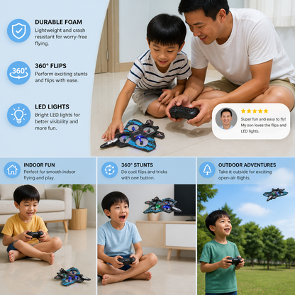 Durable Foam RC Fighter Jet Drone for Indoor & Outdoor Flying – 360° Flips & LED Lights
