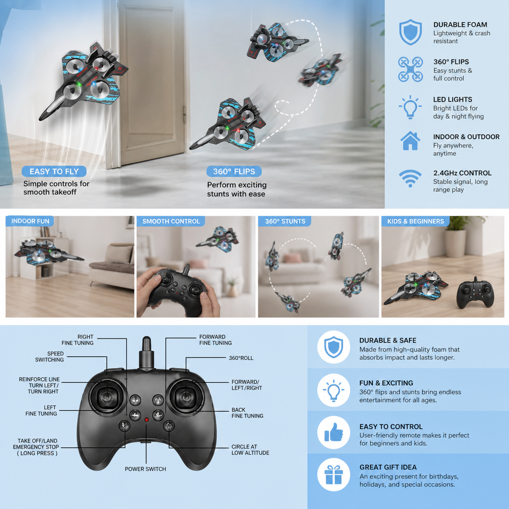 Durable Foam RC Fighter Jet Drone for Indoor & Outdoor Flying – 360° Flips & LED Lights