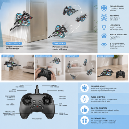 Durable Foam RC Fighter Jet Drone for Indoor & Outdoor Flying – 360° Flips & LED Lights