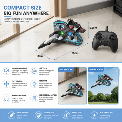 Durable Foam RC Fighter Jet Drone for Indoor & Outdoor Flying – 360° Flips & LED Lights