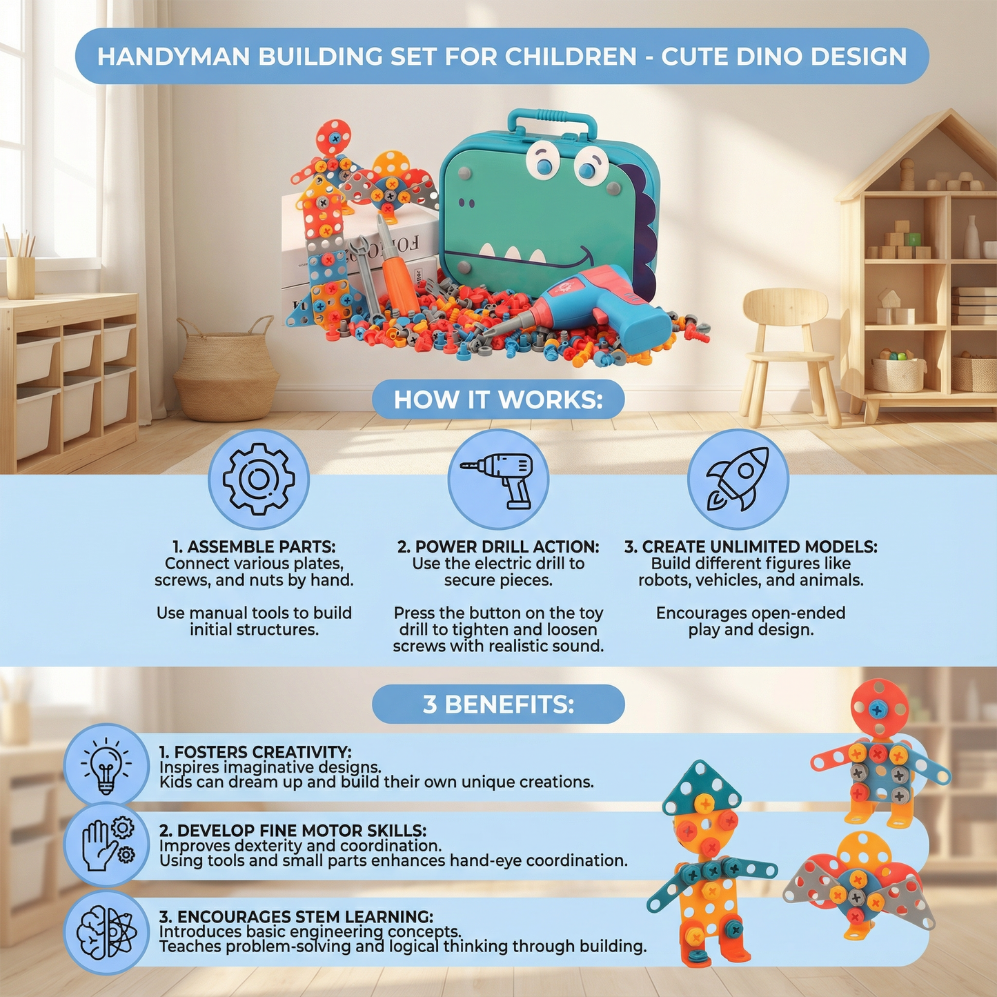 Handyman Building Set for Children in Cute Dino Design