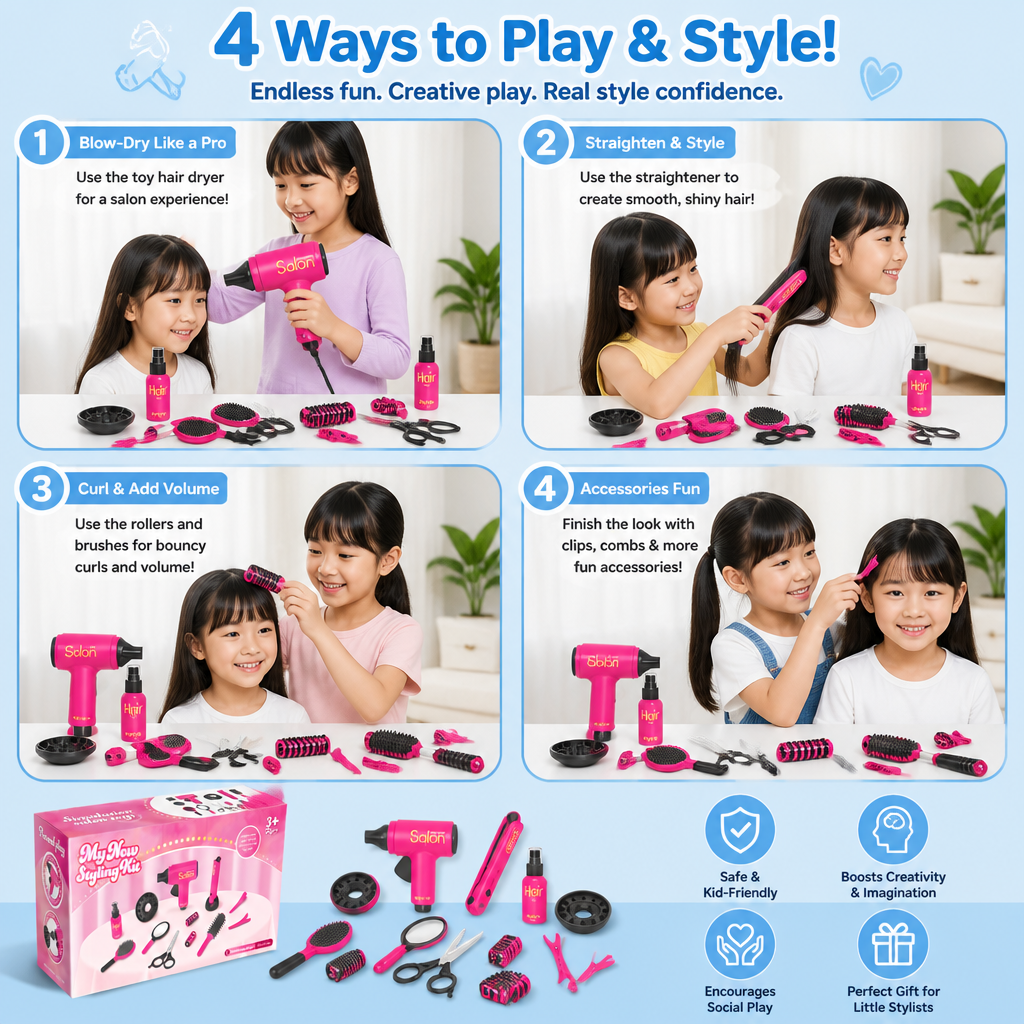 14-Piece Kids Hair Styling Salon Pretend Play Set