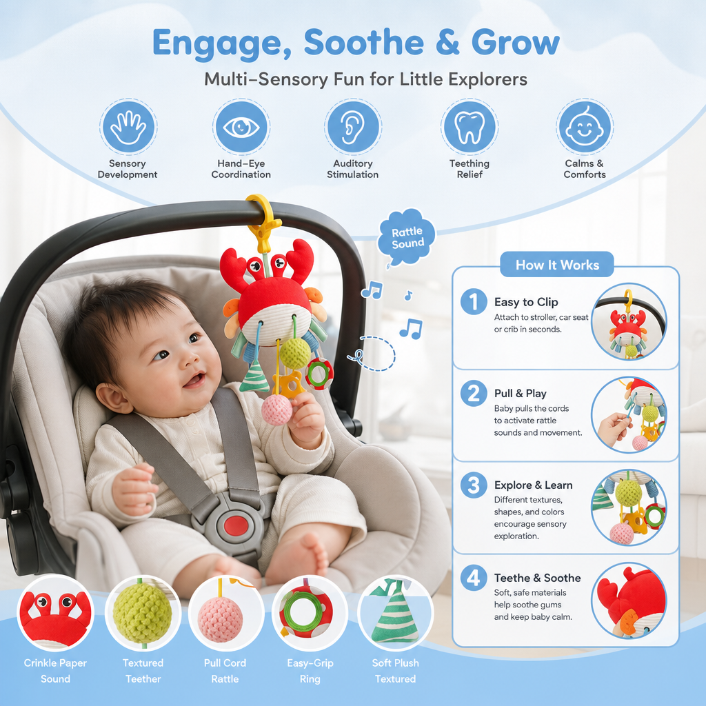Crab Activity Toy with Pull Cord, Rattle & Teether for Babies