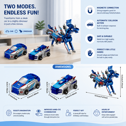 2-in-1 Magnetic Transforming Car & Dinosaur Toy with Automatic Collision Action
