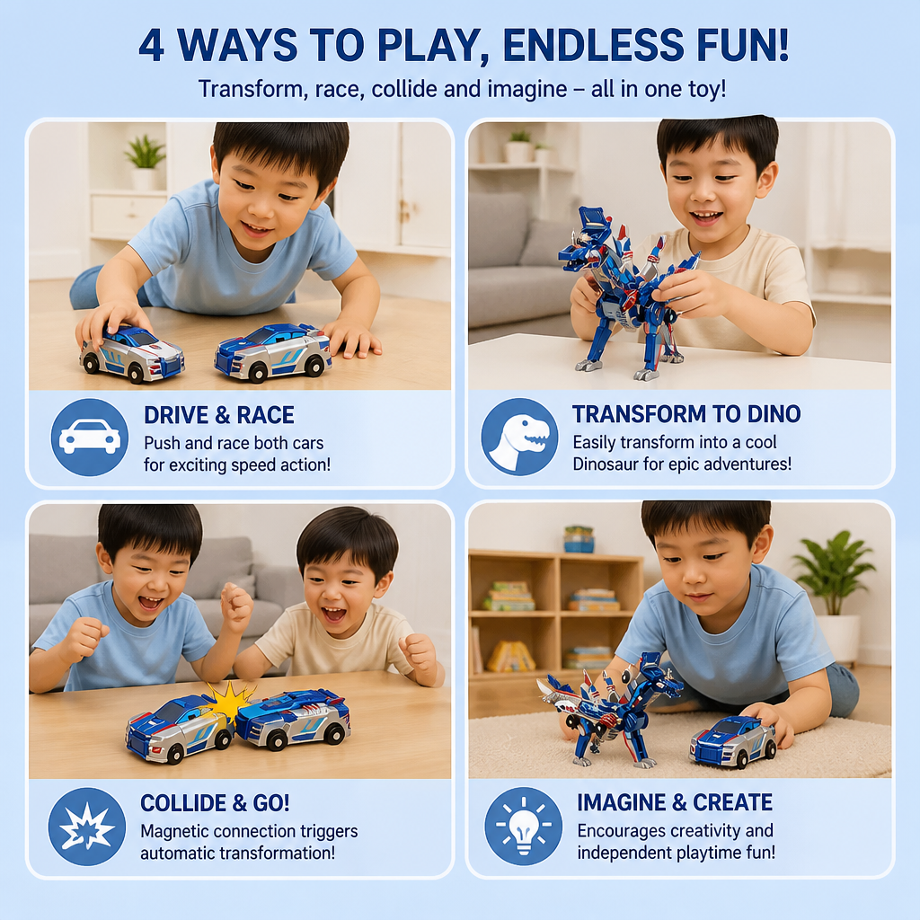 2-in-1 Magnetic Transforming Car & Dinosaur Toy with Automatic Collision Action
