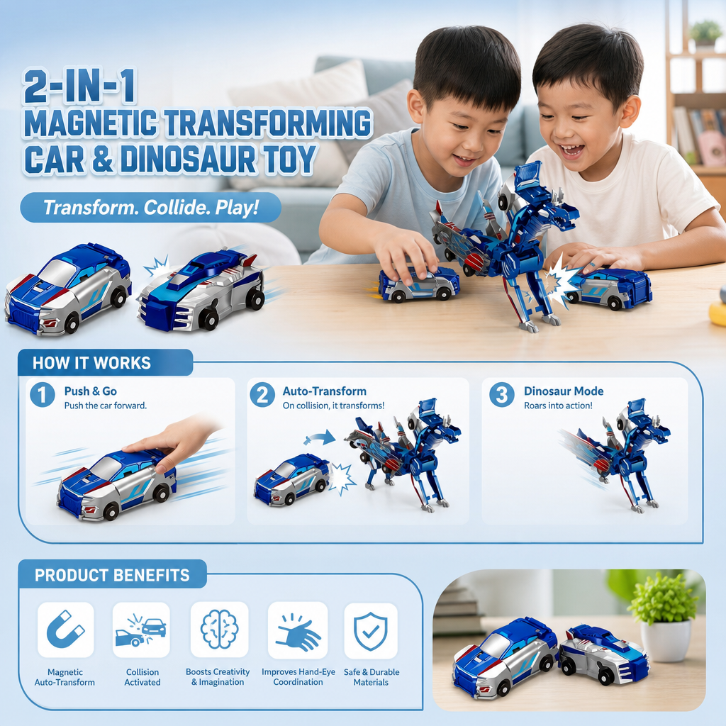 2-in-1 Magnetic Transforming Car & Dinosaur Toy with Automatic Collision Action
