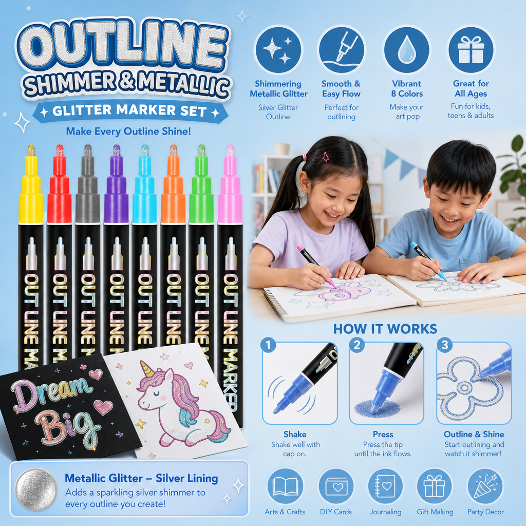 Outline Shimmer & Metallic Glitter Marker Set
