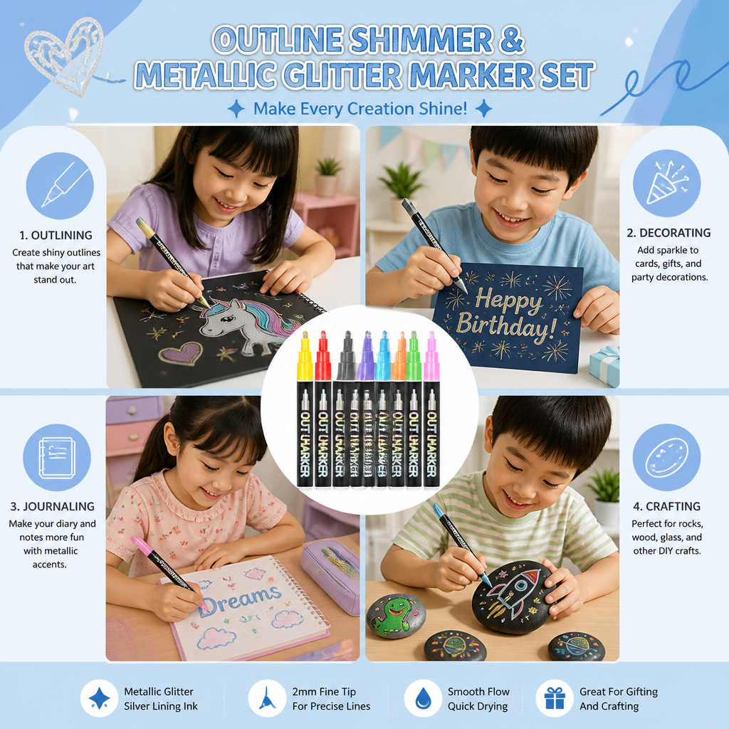 Outline Shimmer & Metallic Glitter Marker Set