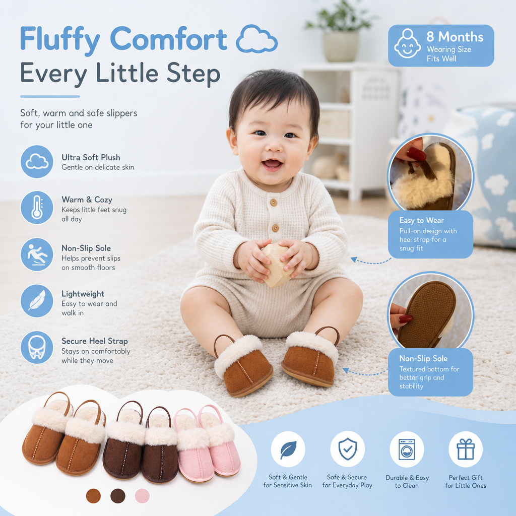 Fluffy Baby & Toddler Slippers with Soft Plush Lining and Non-Slip Soles